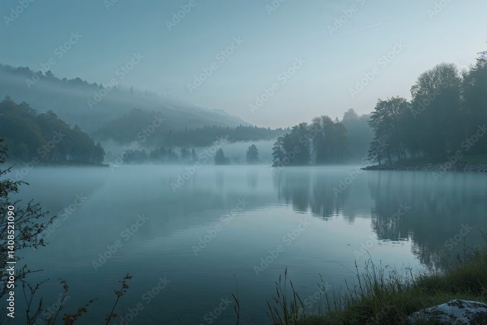 Fototapeta premium Misty Morning at Lacu Rosu Lake: Foggy Sunrise in Romania's Scenic Landscape