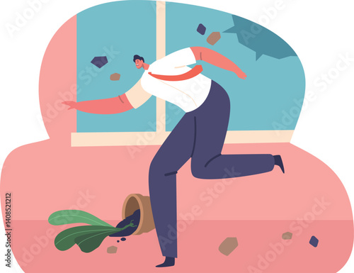 Terrified businessman escaping during earthquake