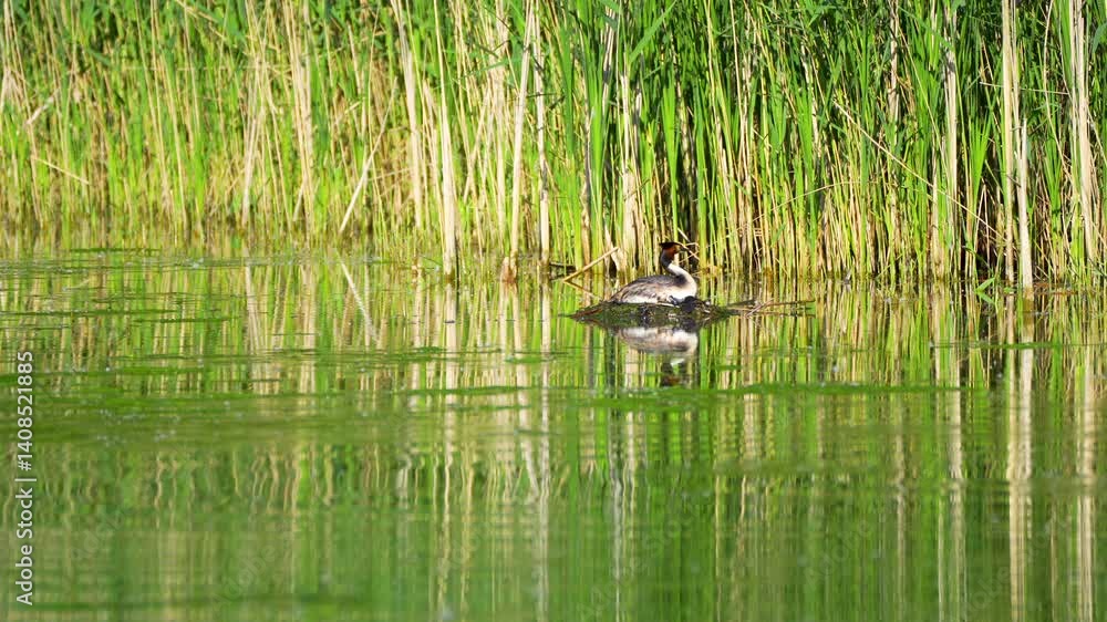 great grebe on a nest in spring great grebe on a nest in spring