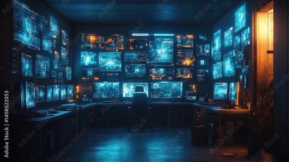 A dark room with screens displaying data visualizations A dark room with screens displaying data visualizations