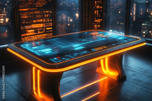 Futuristic holographic interface on a digital table glowing in a dark room