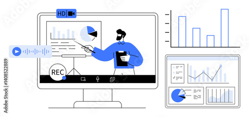 Speaker presenting charts on screen, recorded session, analytics, and data graphs. Ideal for education, data sharing, online learning, team collaboration, business analysis remote work simple