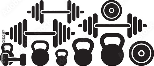 Set of Black Gym Equipment Icons Including Barbells, Dumbbells, and Kettlebells