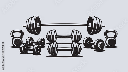 Gym Equipment Vector with Dumbbells, Barbells, and Kettlebells in Black and White