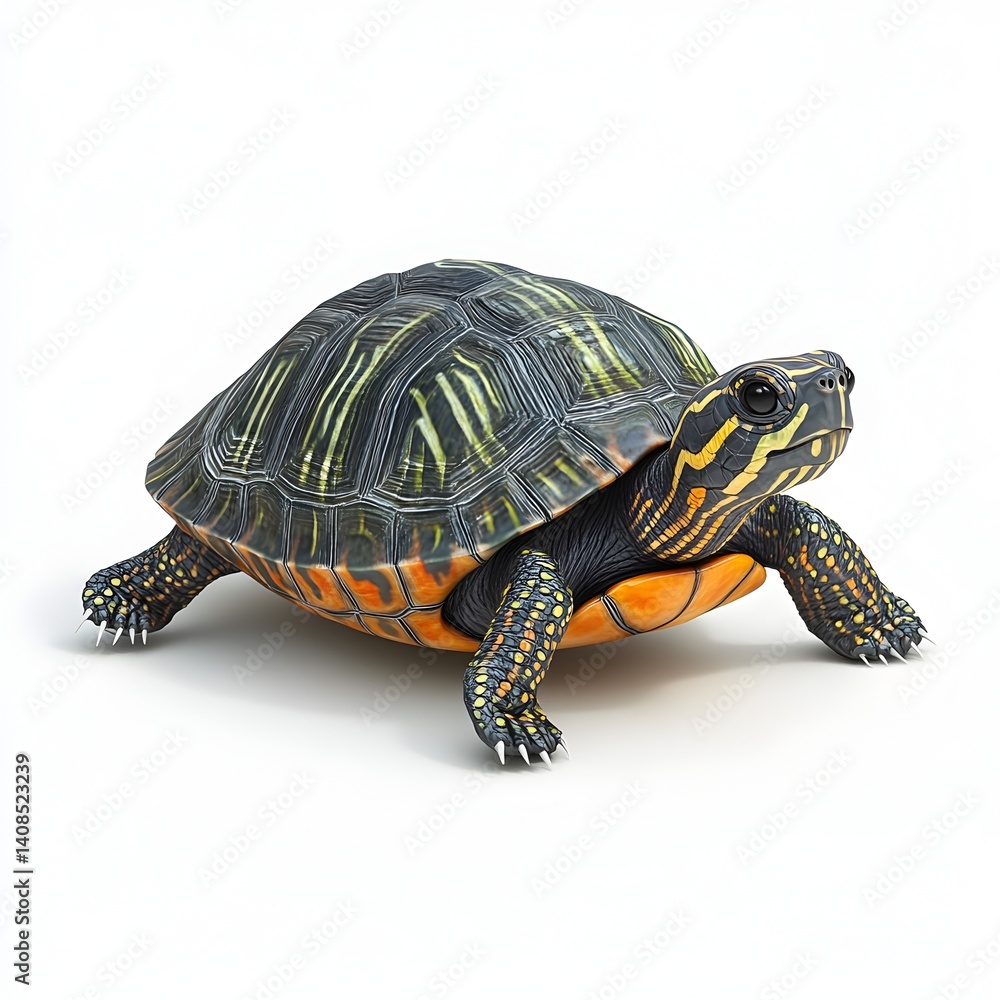 Obraz premium A detailed 3D render of a vibrant painted turtle showcasing its intricate patterns and textured skin against a clean white background.