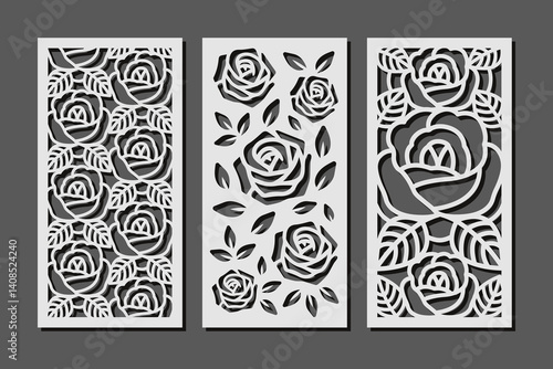 Laser cut decorative panels with roses flowers pattern. Vector floral design for home interior decor, partition, privacy screen, wall art, room dividers. Template for cnc, plasma and plotter cutting