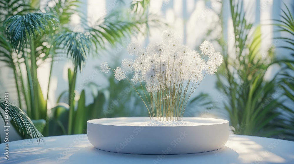 Delicate white dandelions in a modern planter. Delicate white dandelions in a modern planter.