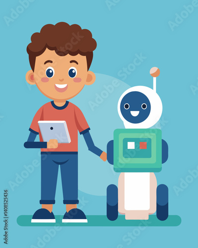 A student with special needs happily interacting with an educational robot designed to assist with communication and social skills in the classroom.. Vector illustration