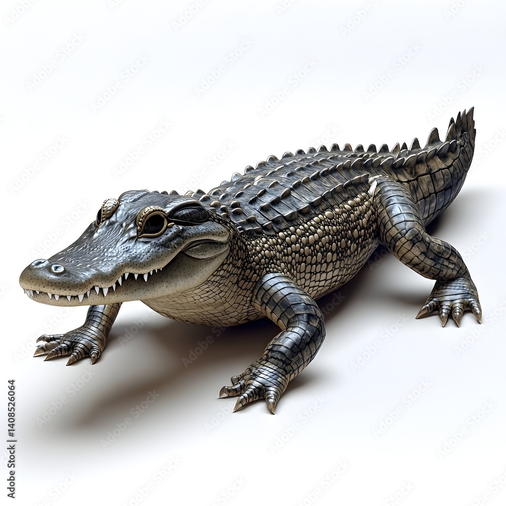 Obraz premium A detailed 3D render of an American alligator showcasing its textured skin and powerful jaws against a clean white background.