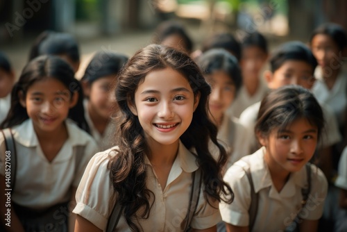 Japanese academic setting: girls' junior high atmosphere, Korean middle scholar, Asian student attire, school uniform heritage, structured discipline, educational dream, cultural identity female 