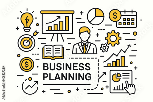 Business planning. Modern flat line art illustration. Trendy outline vector graphic elements. Creative concept. Black and yellow colors isolated on white background
