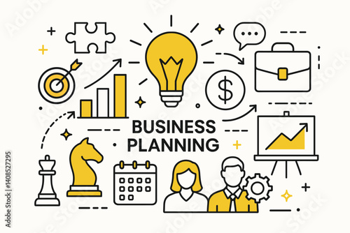 Business planning. Modern flat line art illustration. Trendy outline vector graphic elements. Creative concept. Black and yellow colors isolated on white background