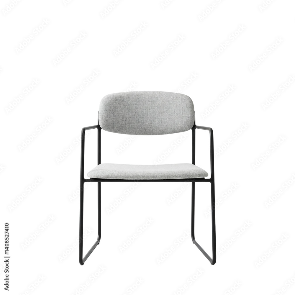 A minimalist grey upholstered chair with a gently curved backrest and sleek black metal frame offering modern comfort and style. A minimalist grey upholstered chair with a gently curved backrest and sleek black metal frame offering modern comfort and style.