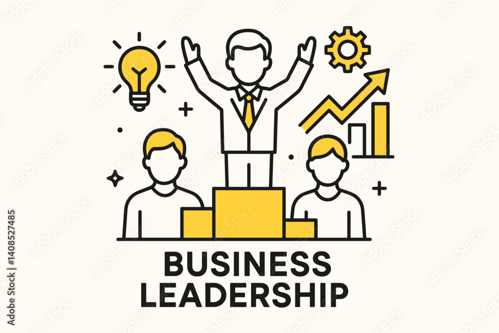Business leadership. Modern flat line art illustration. Trendy outline vector graphic elements. Creative concept. Black and yellow colors isolated on white background Business leadership. Modern flat line art illustration. Trendy outline vector graphic elements. Creative concept. Black and yellow colors isolated on white background