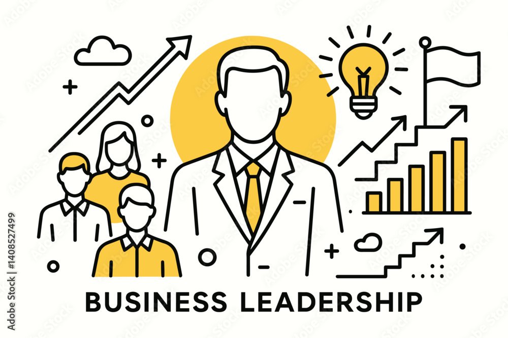 Business leadership. Modern flat line art illustration. Trendy outline vector graphic elements. Creative concept. Black and yellow colors isolated on white background Business leadership. Modern flat line art illustration. Trendy outline vector graphic elements. Creative concept. Black and yellow colors isolated on white background