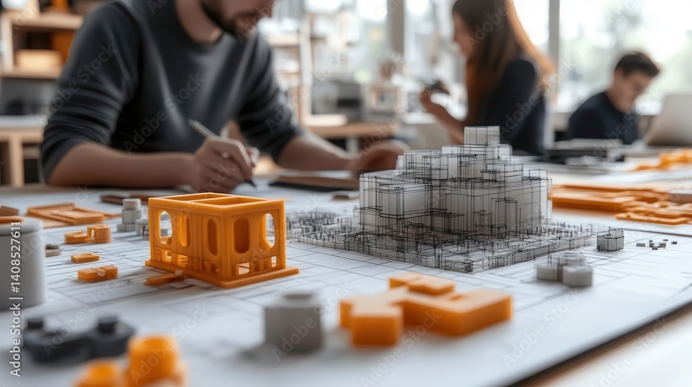 Engineers using CAD software to design an industrial prototype in a modern office, Engineering, Detailed and creative Engineers using CAD software to design an industrial prototype in a modern office, Engineering, Detailed and creative