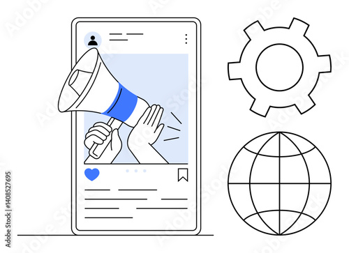 Smartphone post with a megaphone for marketing and promotion, gear for settings or strategy, and globe for global reach. Ideal for digital marketing, social media, global advertising, branding