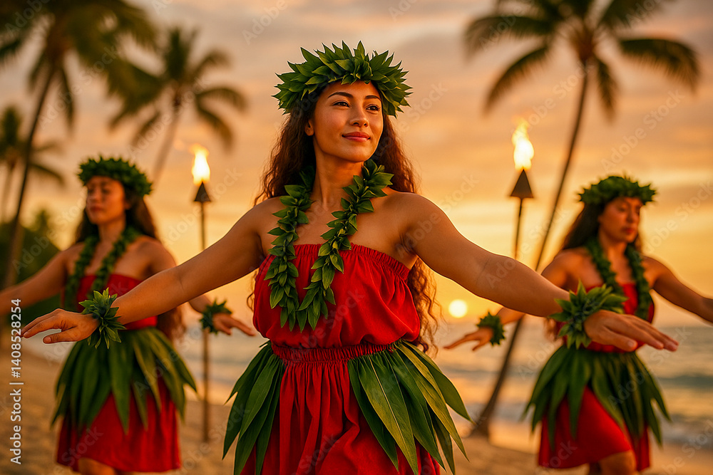 Naklejka premium Traditional Hula Dancers Performing at Sunset on a Hawaiian Beach