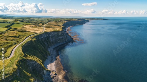 A winding coastal road hugs the dramatic cliffs overlooking the tranquil sea.