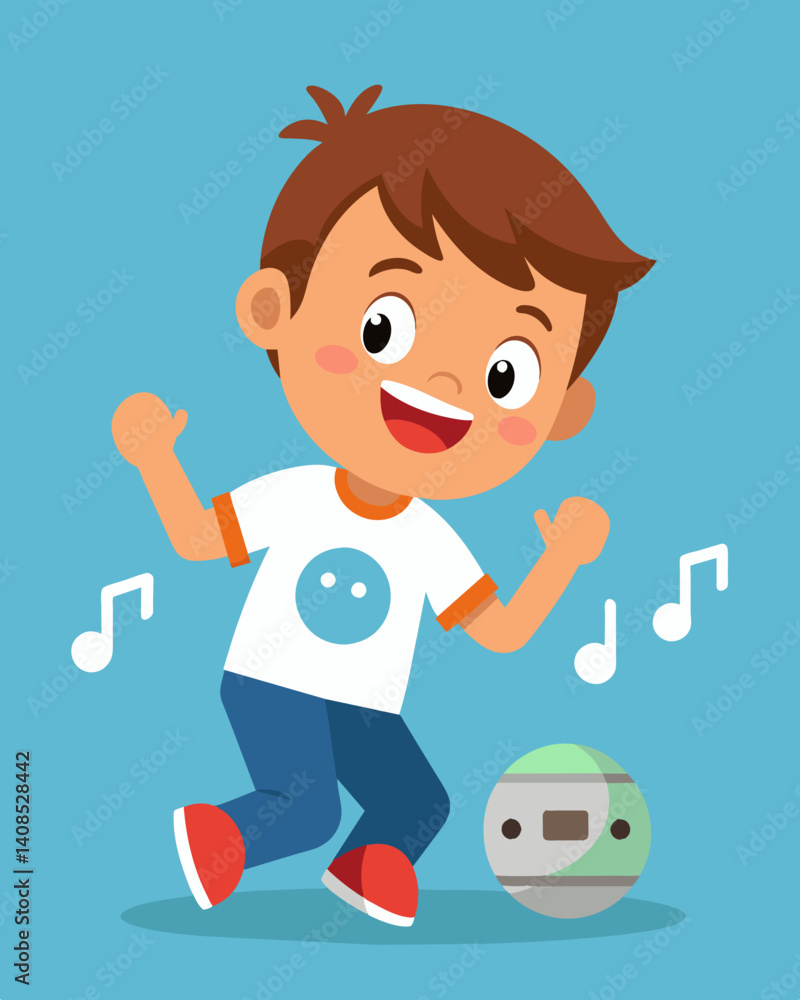 A young boy grins with concentration as he codes his Ozobot to dance in rhythm to his favorite song.. Vector illustration A young boy grins with concentration as he codes his Ozobot to dance in rhythm to his favorite song.. Vector illustration