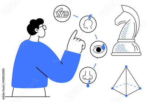 Man pointing at interconnected sensory icons including brain, eye, and nose, paired with chess knight and pyramid. Ideal for strategy, decision-making, design thinking, problem-solving, analysis
