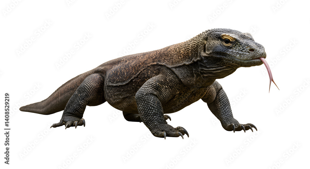 Fototapeta premium Komodo dragon flicking its tongue on transparent background