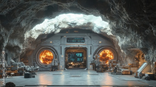 A futuristic subterranean processing facility with fiery reactors.