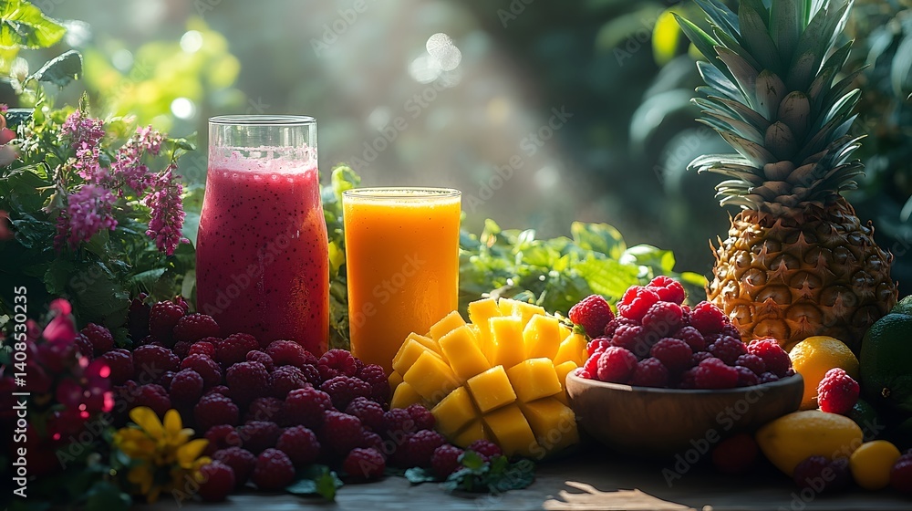 Vibrant fruit smoothies and fresh produce Vibrant fruit smoothies and fresh produce