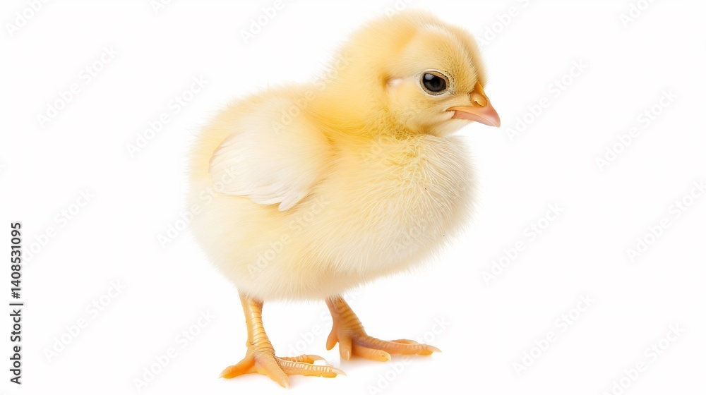 Cute baby chick standing alone fluffy yellow feathers small beady black eyes realistic soft lighting a white background Cute baby chick standing alone fluffy yellow feathers small beady black eyes realistic soft lighting a white background