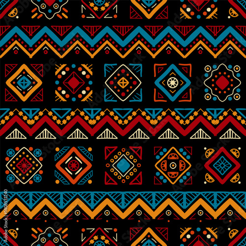 Ethnic seamless in native style. Vector pattern with African art decoration tribal geometric shape symbols. Folk background vector. Tent boarder backdrop. Abstract Aztec line motif