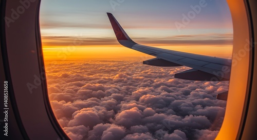 Airplane Wing at Sunset Over a Sea of Clouds Aerial View