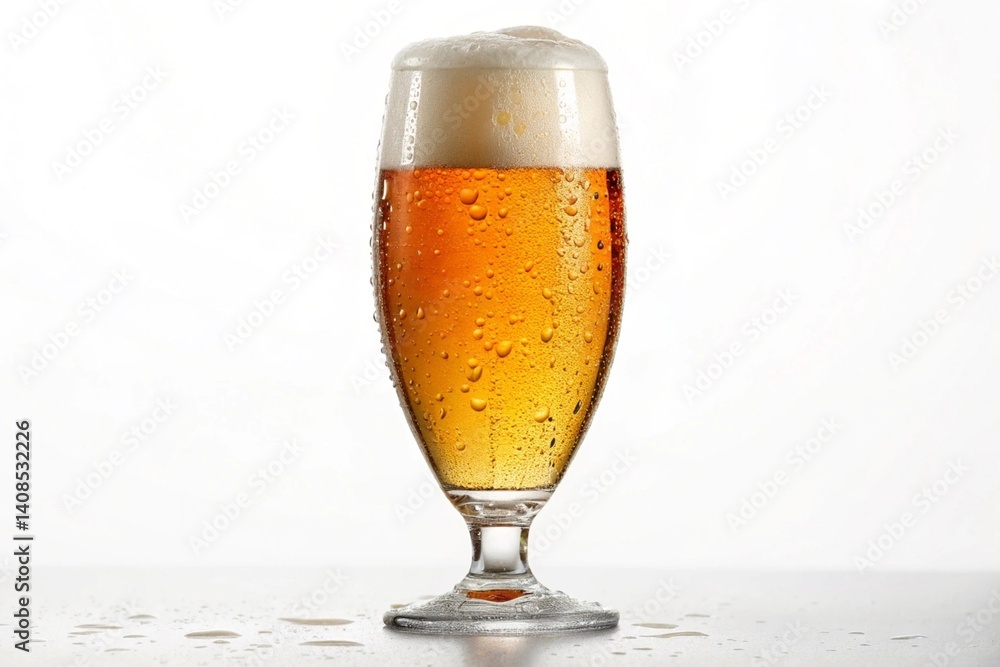 Crisp Amber Ale: Frothy Head, Condensation, Studio Perfection. A refreshing, thirst-quenching, golden amber beer perfectly captured in a tall glass. Ideal for Crisp Amber Ale: Frothy Head, Condensation, Studio Perfection. A refreshing, thirst-quenching, golden amber beer perfectly captured in a tall glass. Ideal for