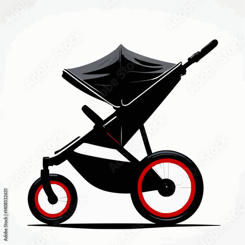Black Stroller Illustration, Three-Wheel Design

