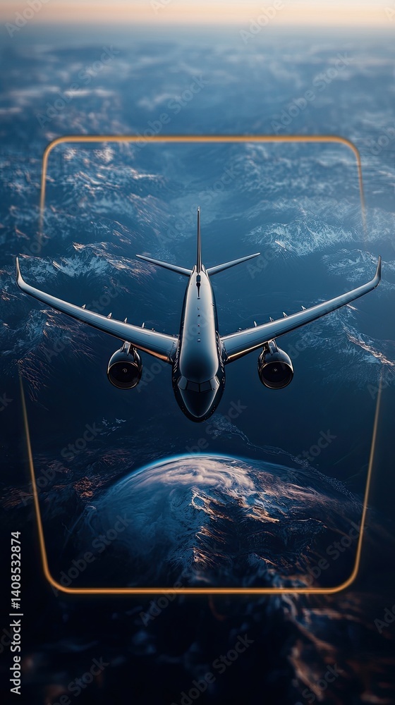 Fototapeta premium High-altitude view of a commercial jetliner over a planet.