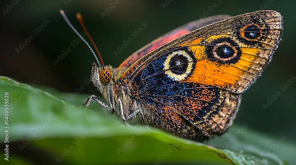 Obraz premium Vibrant Butterfly with Intricate Patterns Resting on Leaf
