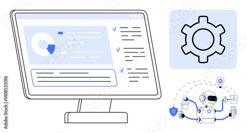 Computer screen displaying data dashboard, robot managing tasks. Ideal for automation, AI, data analysis, cybersecurity, workflow, machine learning, simple landing page