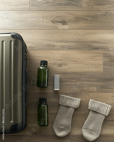 Travel essentials with suitcase, toiletries, and socks on wooden floor