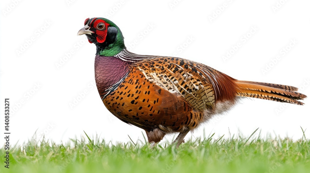 Fototapeta premium Ring-necked pheasant standing in grass, profile view.