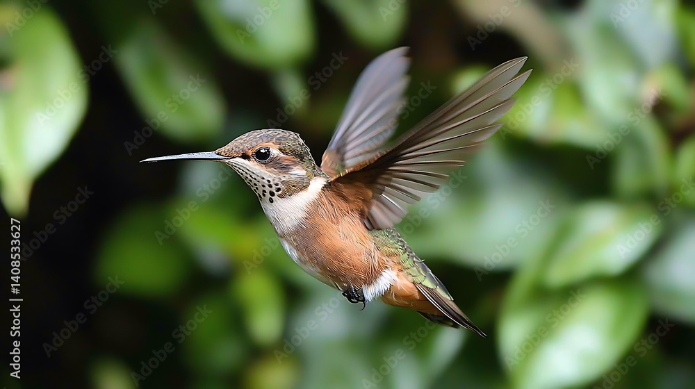 Fototapeta premium Colorful Hummingbird in Flight Against a Soft Green Background