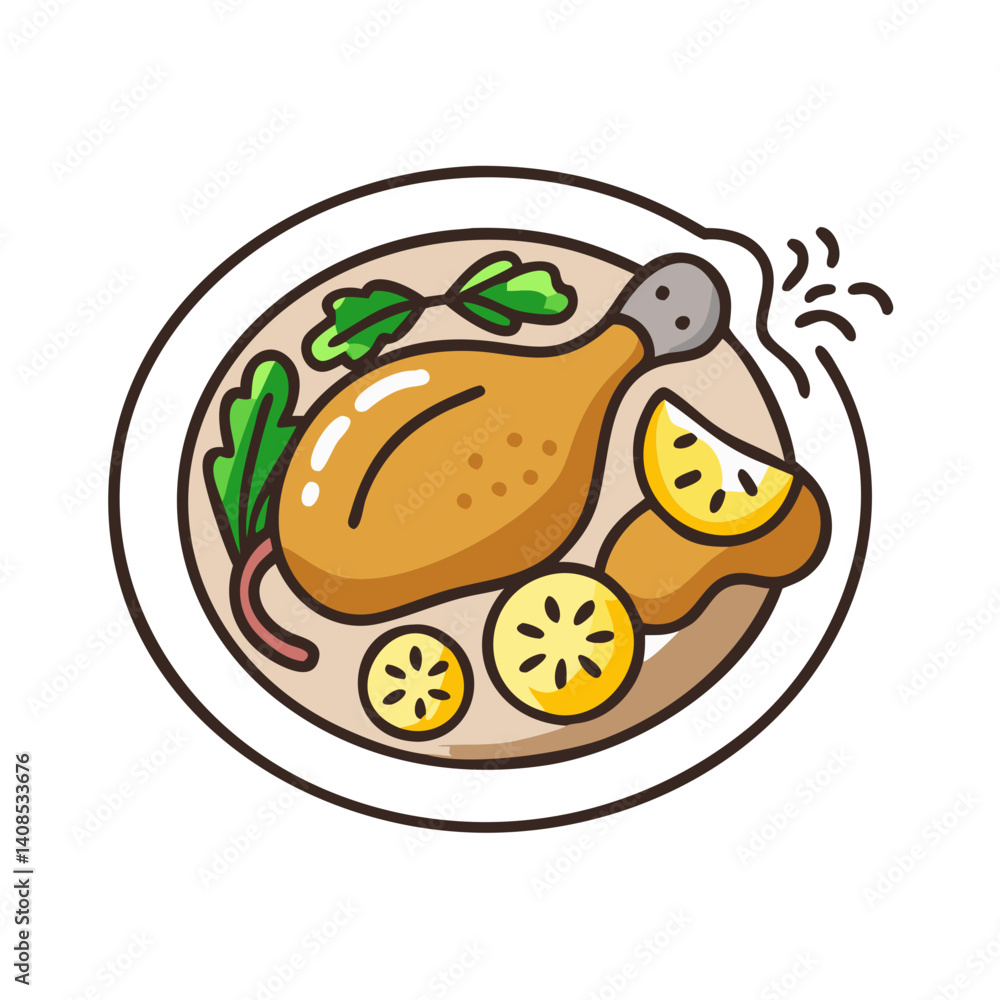 Delicious roasted chicken leg served with lemon slices Delicious roasted chicken leg served with lemon slices