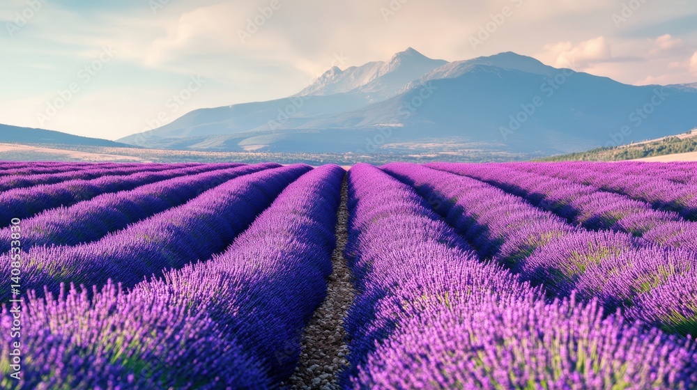 Naklejka premium A picturesque landscape with a vast field of lavender flowers