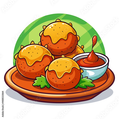 Tasty Arancini balls illustration with tomato dip on plate