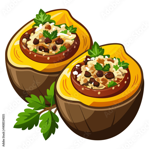 Stuffed Acorn Squash with Rice and Beans Illustration