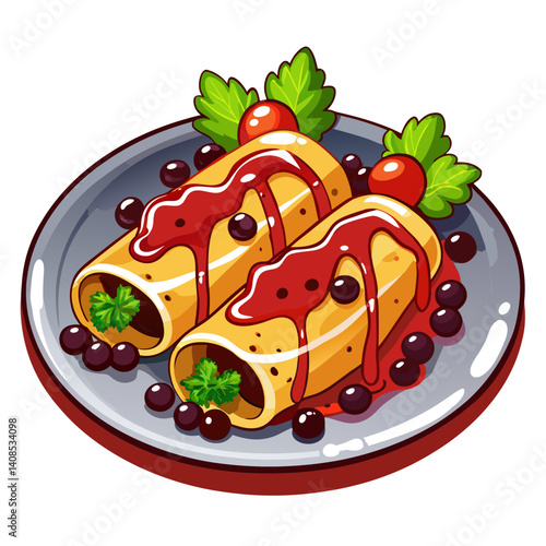 Cartoon pancakes with berry sauce on a plate
