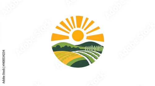 A clean and modern logo for an organic farm, incorporating a circular emblem with a farm, crops, and green hills surrounding a bright sun 