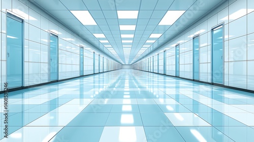 Clean, bright endless hallway perspective with modern design and doors