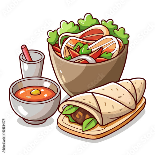 Cartoon Thai Food: Salad, Wrap, and Tom Yum Soup