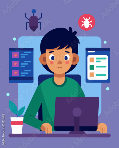 A teenager uses their knowledge of coding to troubleshoot and fix bugs in an open source software determined to contribute to the projects success.. Vector illustration