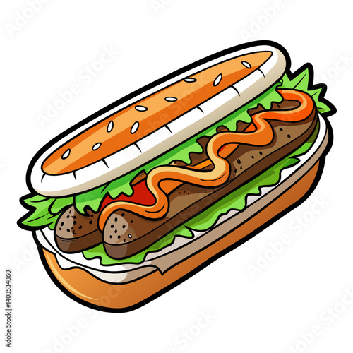 Cartoon hot dog with mustard and lettuce illustration