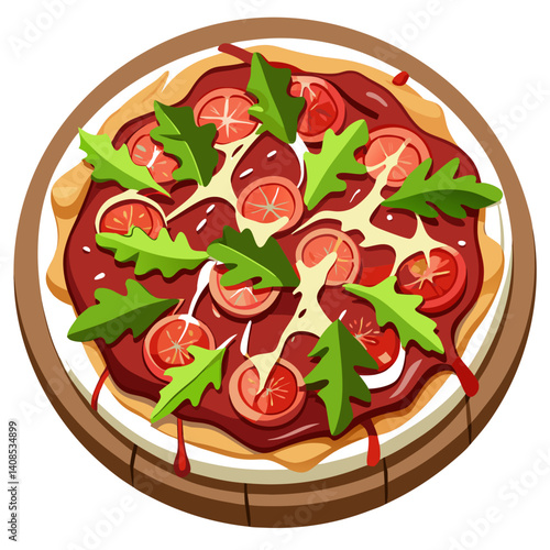 Delicious tomato and arugula pizza illustration on a wooden board